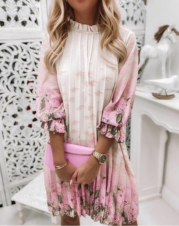 Floral Print Pleated Midi Dress Lantern Sleeve, 3/4 Sleeve LE Fragrance