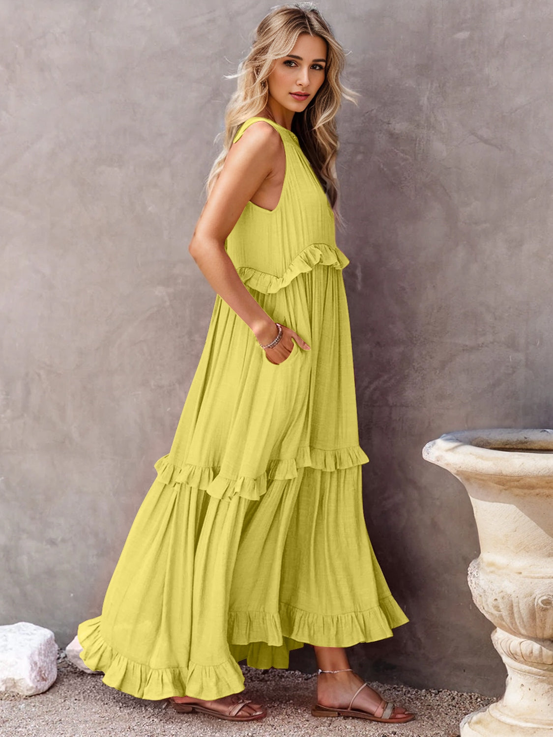 Trendsi Clothing Chartreuse / S Ruffled Sleeveless Tiered Maxi Dress with Pockets