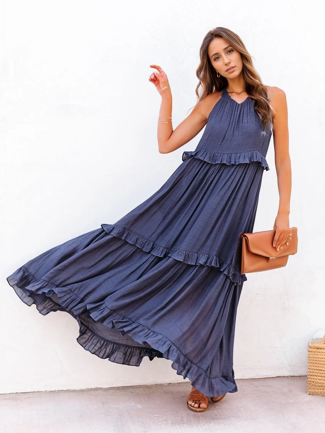 Trendsi Clothing Dark Blue / 2XL Ruffled Sleeveless Tiered Maxi Dress with Pockets