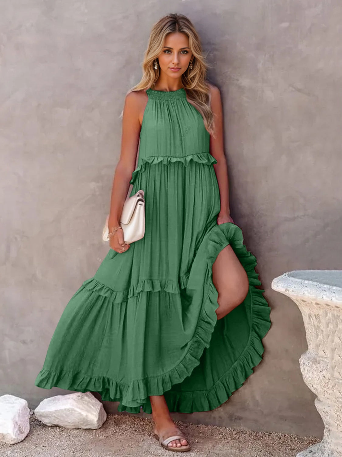 Trendsi Clothing Dark Green / 2XL Ruffled Sleeveless Tiered Maxi Dress with Pockets