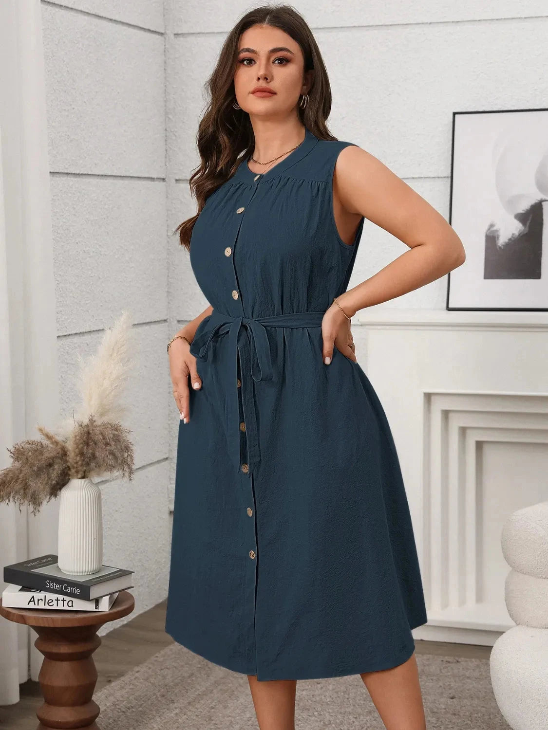 Trendsi Clothing Dark Navy / 2XL Plus Size Button Front Tie Waist Sleeveless Dress