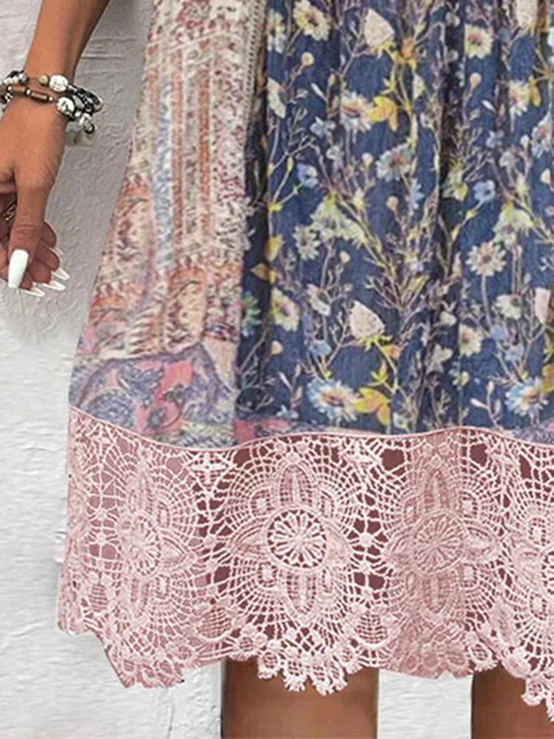 Trendsi Clothing Full Size Lace Detail Printed Three-Quarter Sleeve Dress