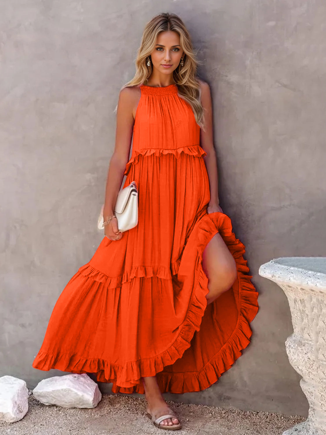 Trendsi Clothing Orange-Red / 2XL Ruffled Sleeveless Tiered Maxi Dress with Pockets