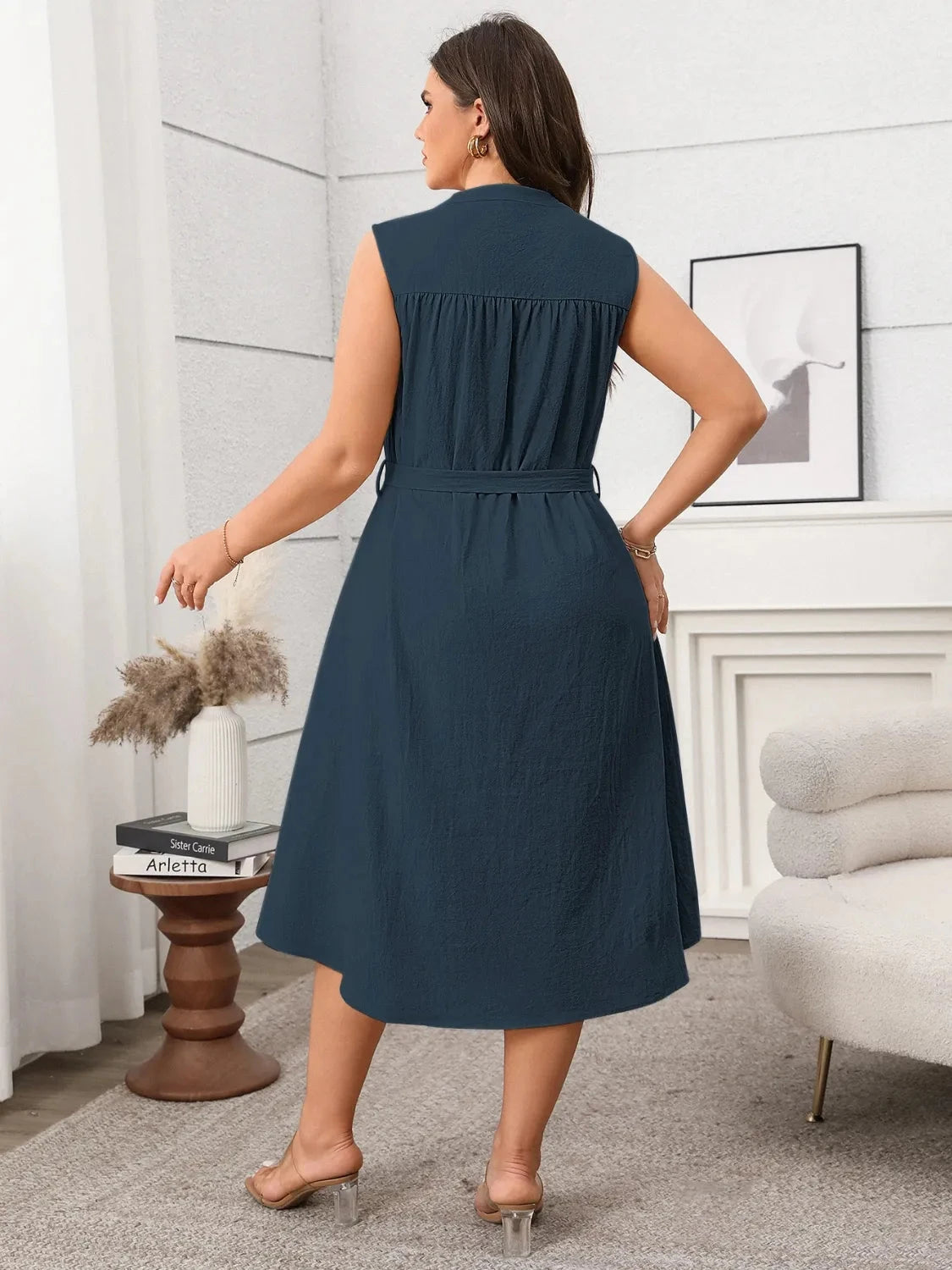 Trendsi Clothing Plus Size Button Front Tie Waist Sleeveless Dress