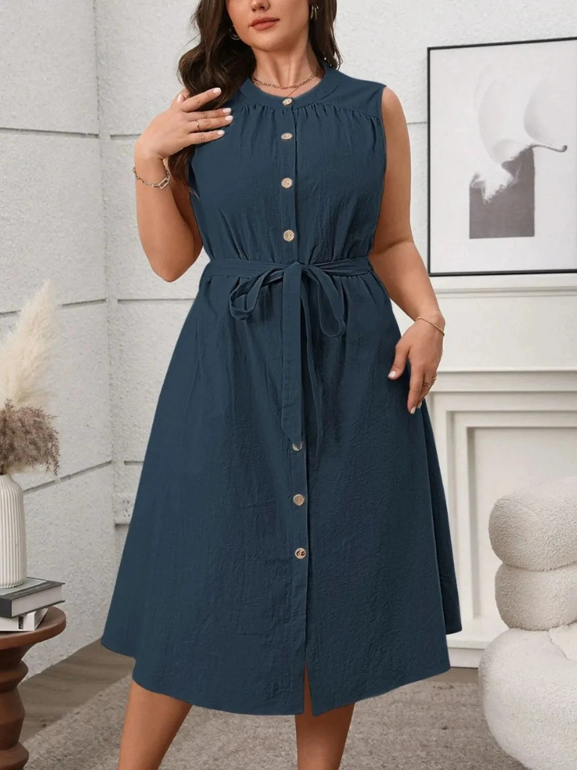 Trendsi Clothing Plus Size Button Front Tie Waist Sleeveless Dress