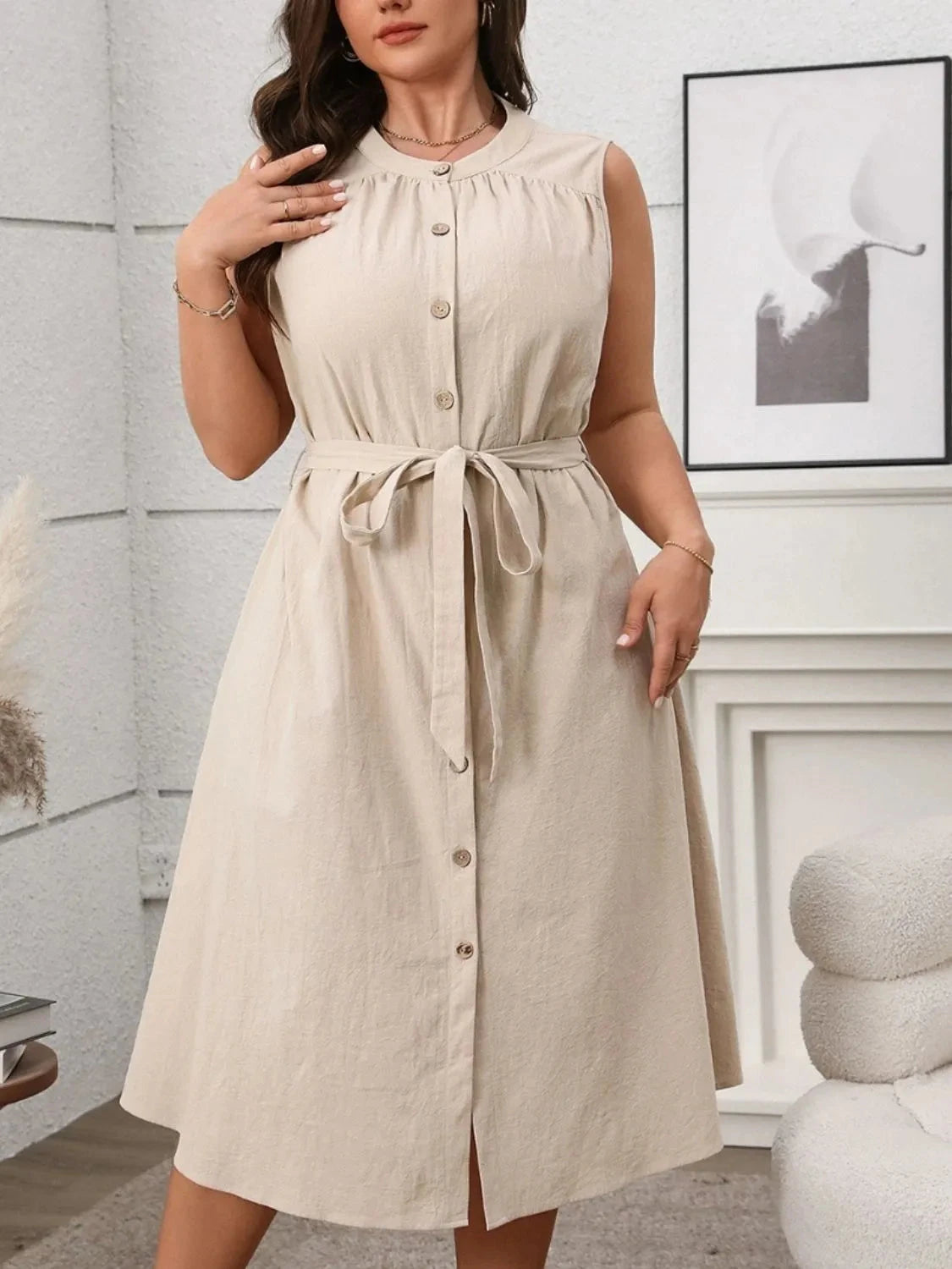 Trendsi Clothing Plus Size Button Front Tie Waist Sleeveless Dress