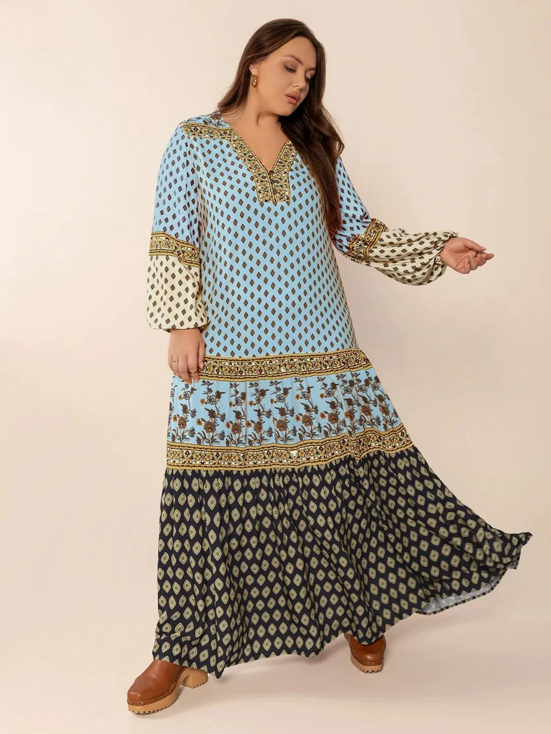 Trendsi Clothing Plus Size Printed V-Neck Balloon Sleeve Maxi Dress