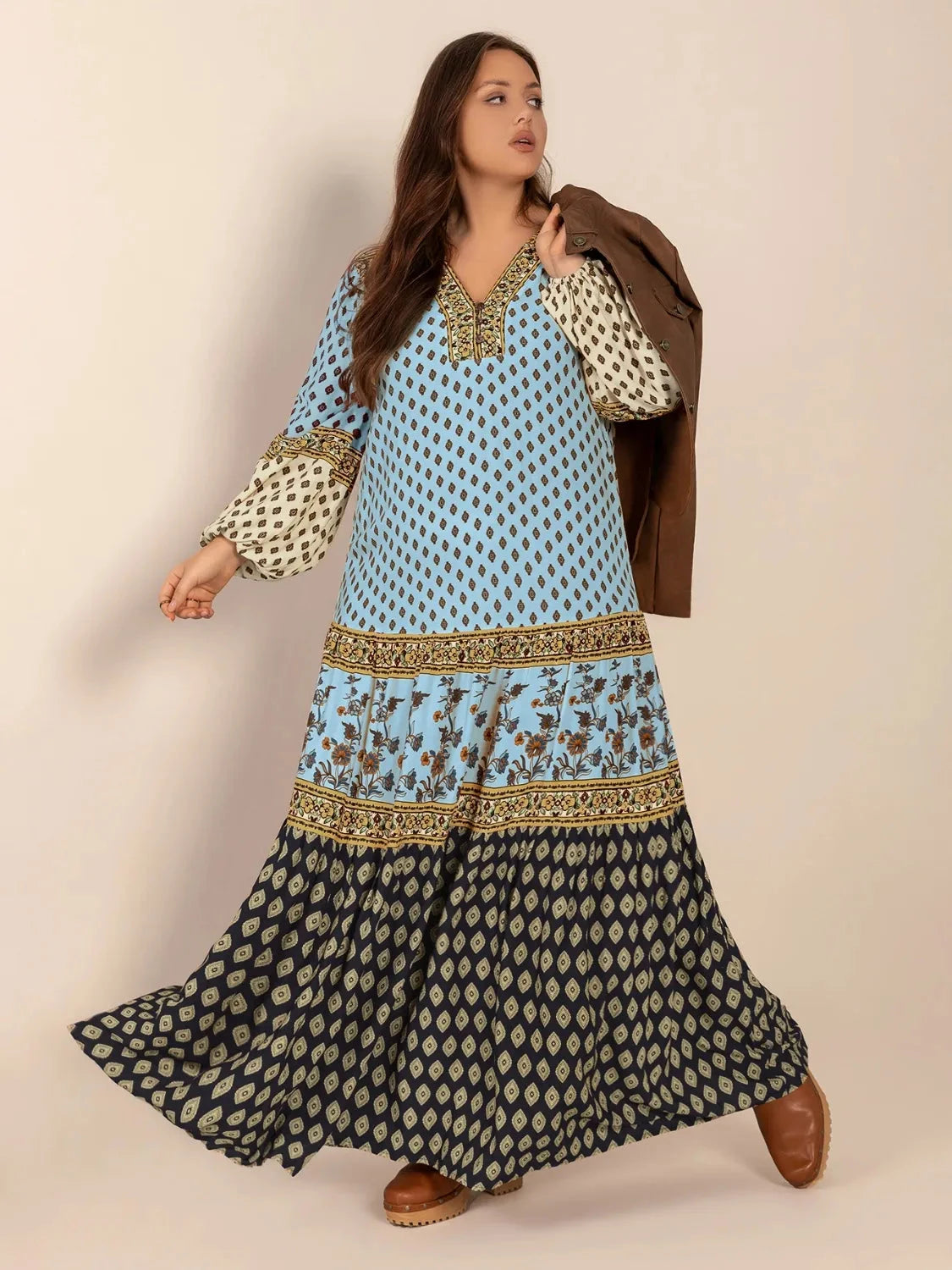 Trendsi Clothing Plus Size Printed V-Neck Balloon Sleeve Maxi Dress