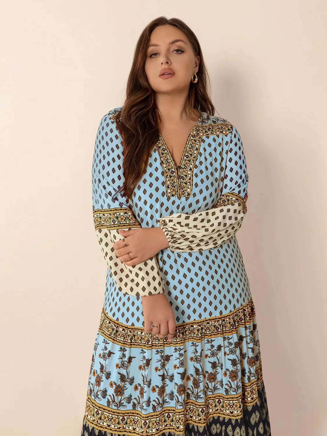 Trendsi Clothing Plus Size Printed V-Neck Balloon Sleeve Maxi Dress