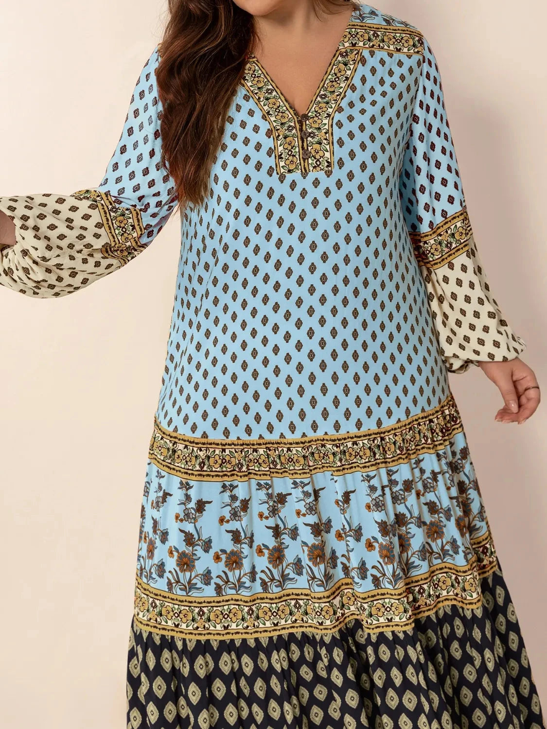 Trendsi Clothing Plus Size Printed V-Neck Balloon Sleeve Maxi Dress