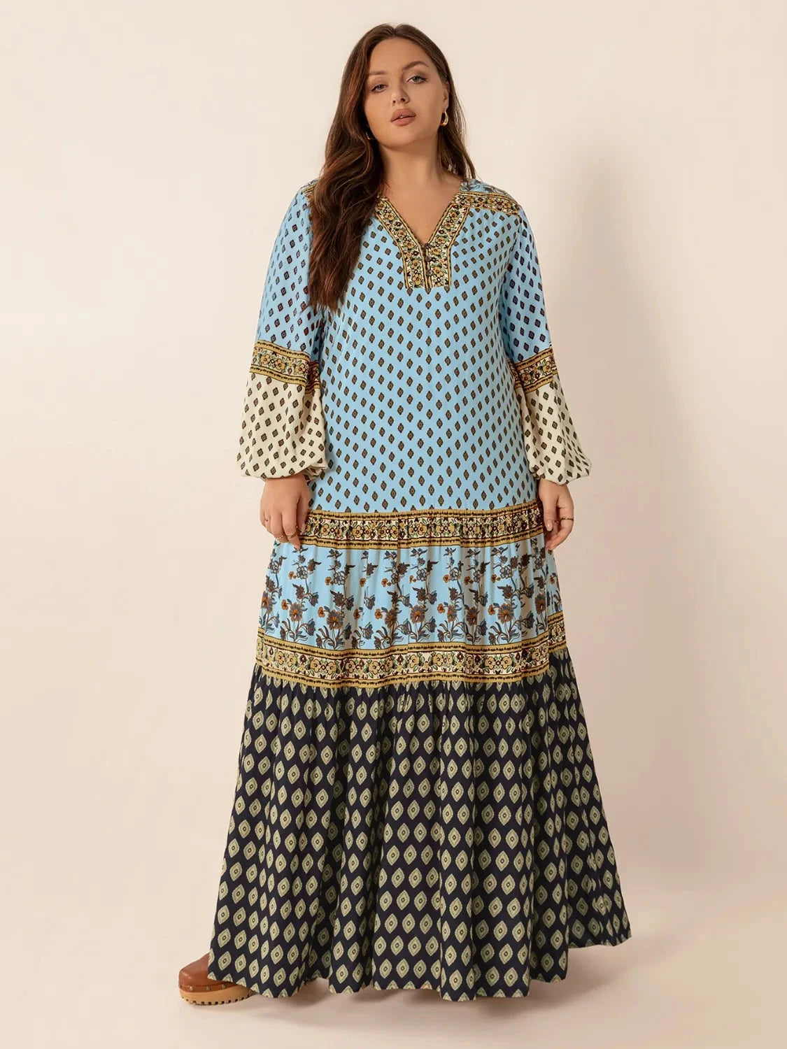 Trendsi Clothing Plus Size Printed V-Neck Balloon Sleeve Maxi Dress