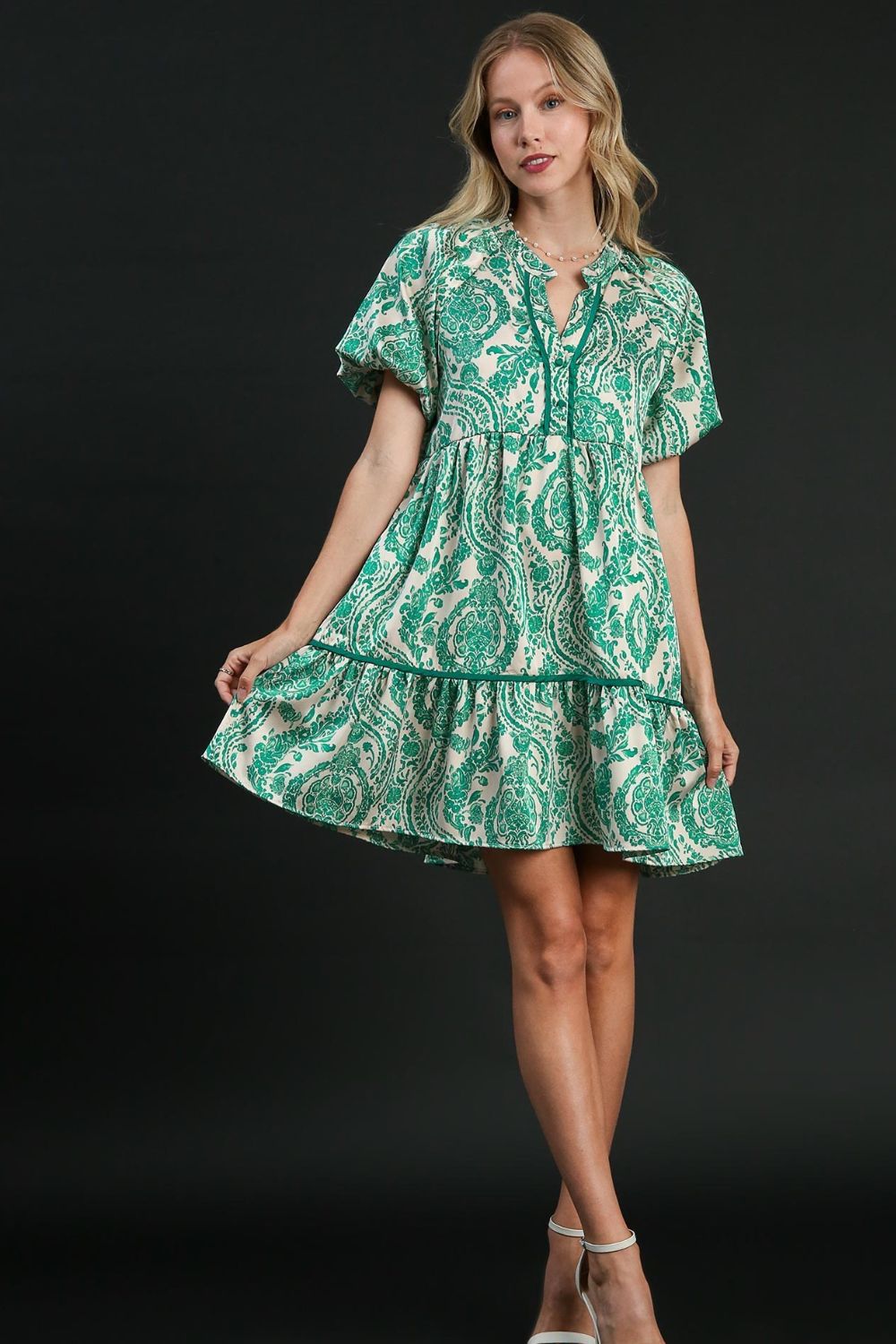 Trendsi Clothing Printed Notched Puff Sleeve Mini Dress Plus Size