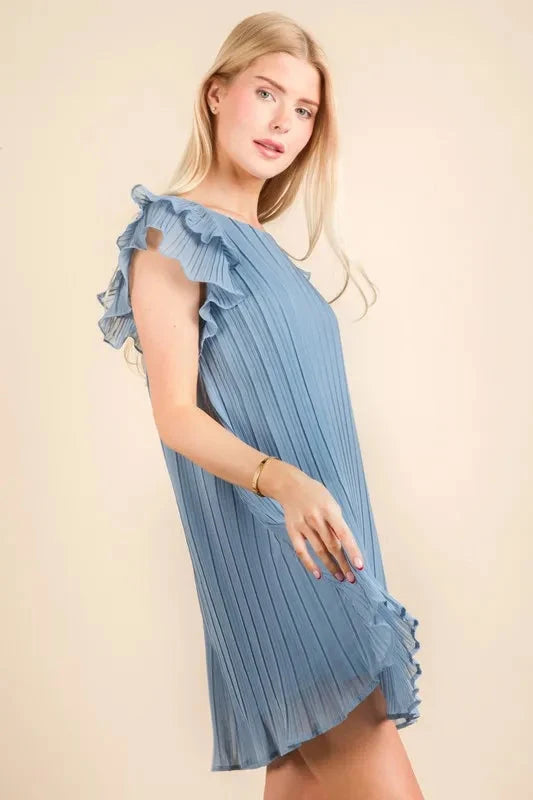 Trendsi Clothing Ruffle Sleeve Pleated Woven Mini Dress