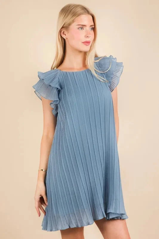 Trendsi Clothing Ruffle Sleeve Pleated Woven Mini Dress