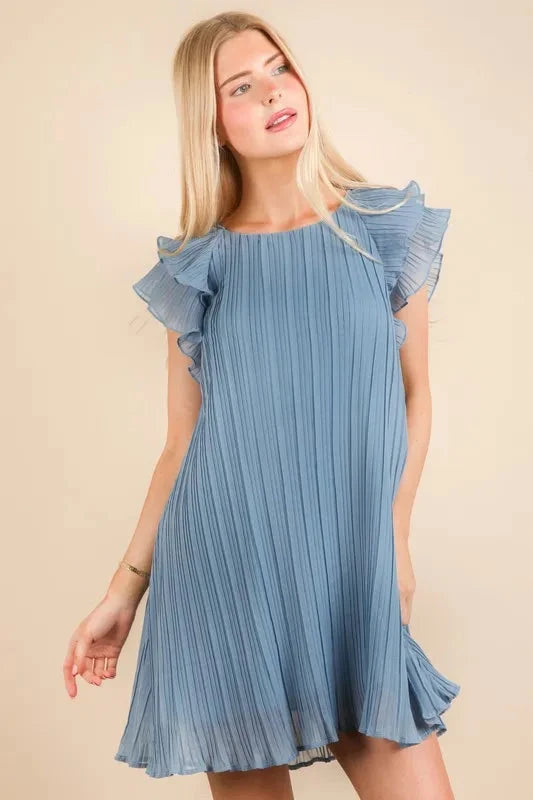 Trendsi Clothing Ruffle Sleeve Pleated Woven Mini Dress