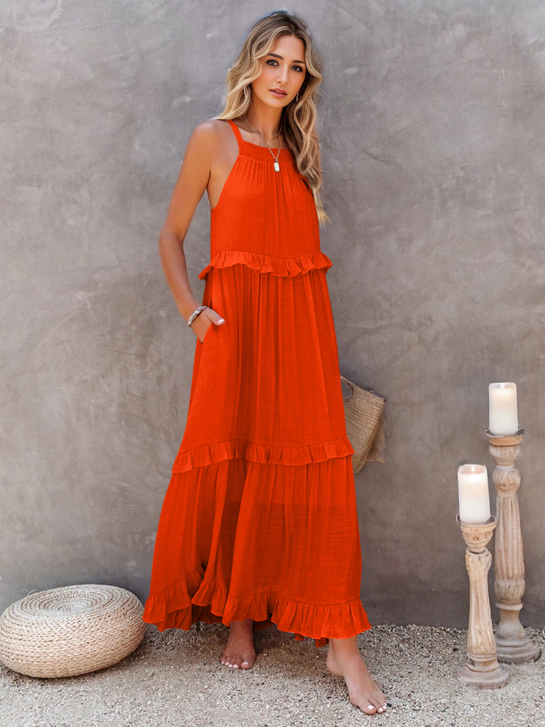 Trendsi Clothing Ruffled Sleeveless Tiered Maxi Dress with Pockets