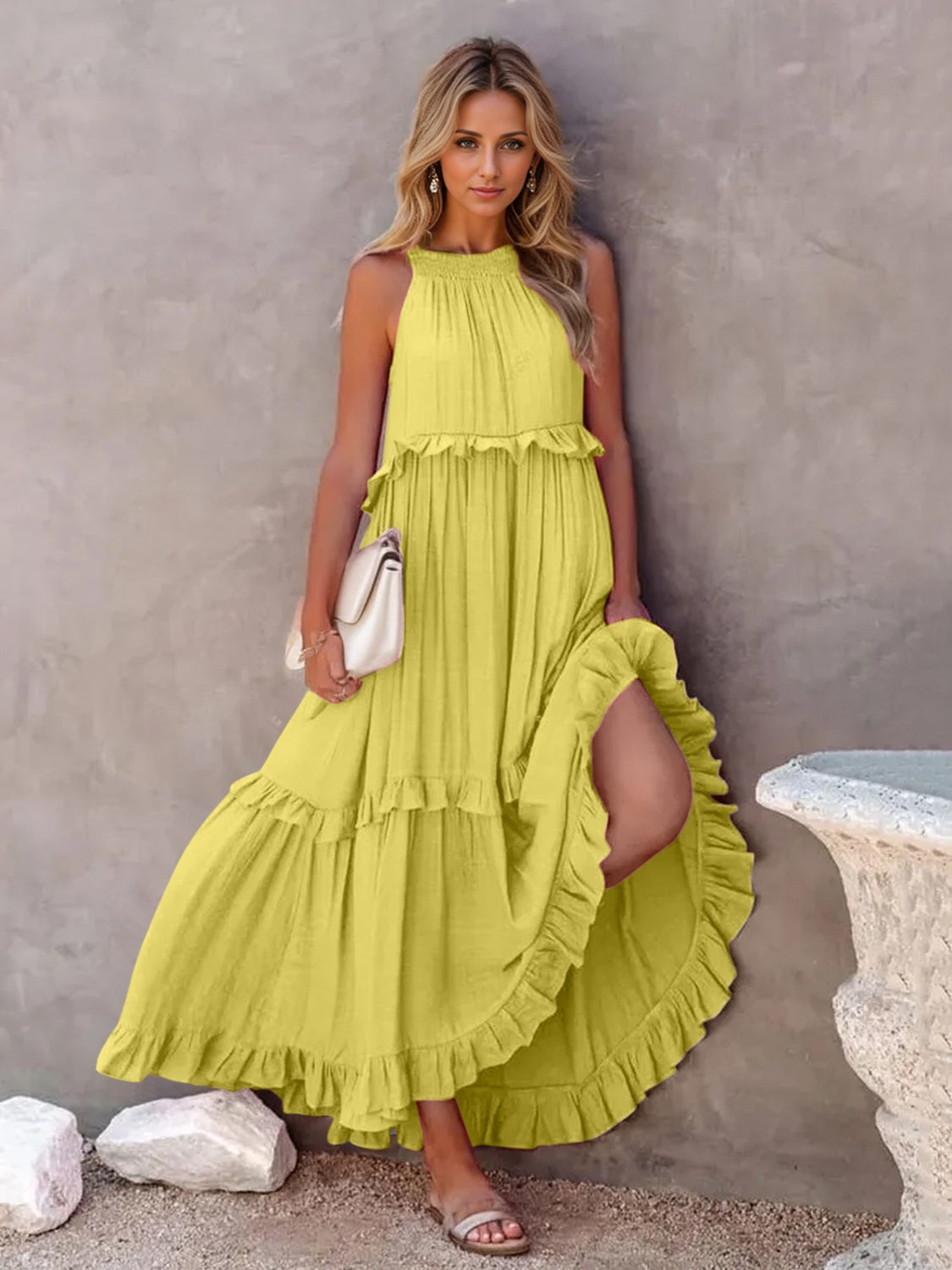 Trendsi Clothing Ruffled Sleeveless Tiered Maxi Dress with Pockets