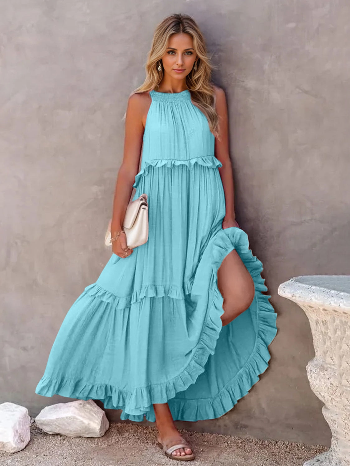 Trendsi Clothing Sky Blue / M Ruffled Sleeveless Tiered Maxi Dress with Pockets