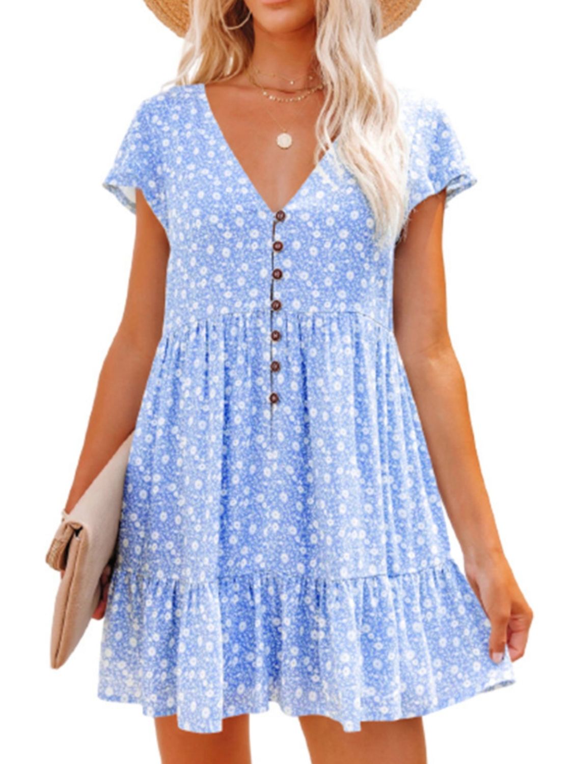 Trendsi Clothing Sky Blue / S Full Size Floral V-Neck Flutter Sleeve Mini Dress Plus Size