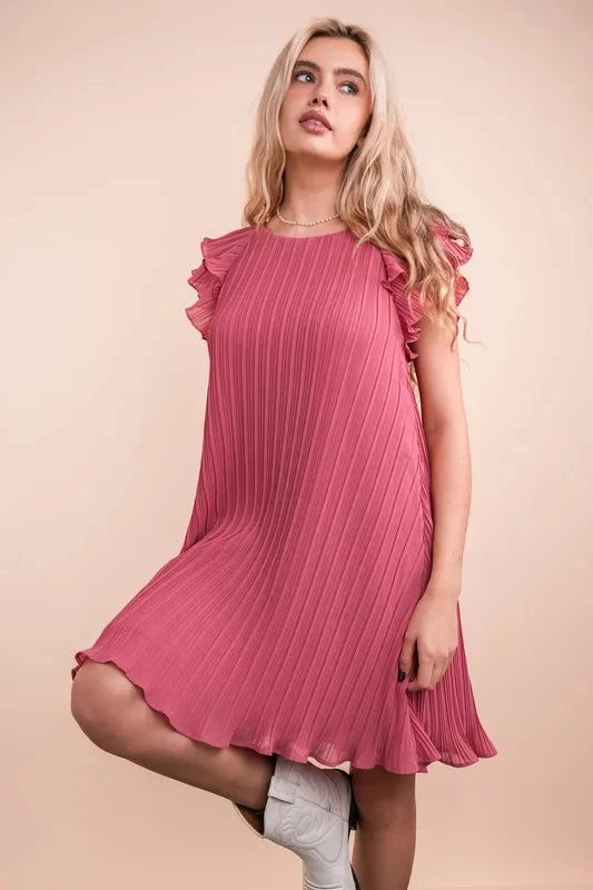 Trendsi Clothing VERY J Plus Size Ruffle Sleeve Pleated Woven Mini Dress