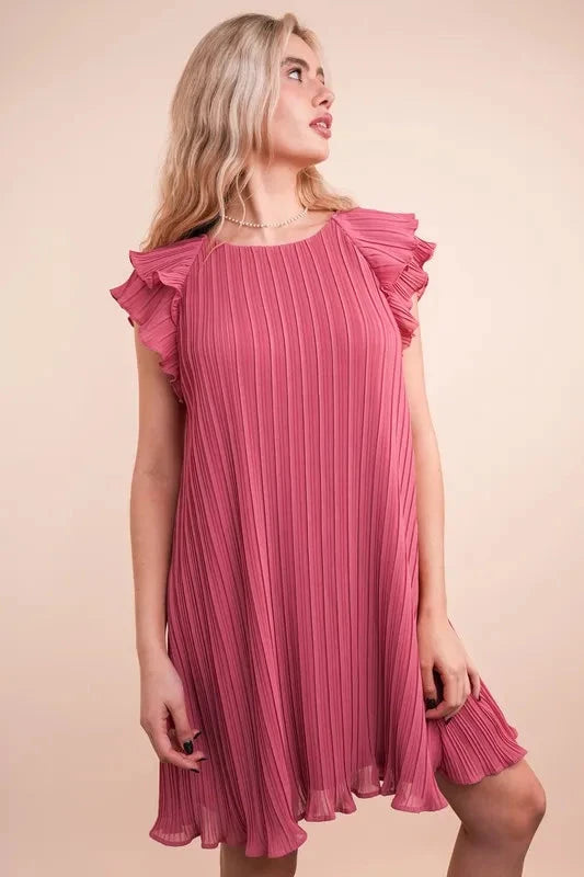 Trendsi Clothing VERY J Plus Size Ruffle Sleeve Pleated Woven Mini Dress