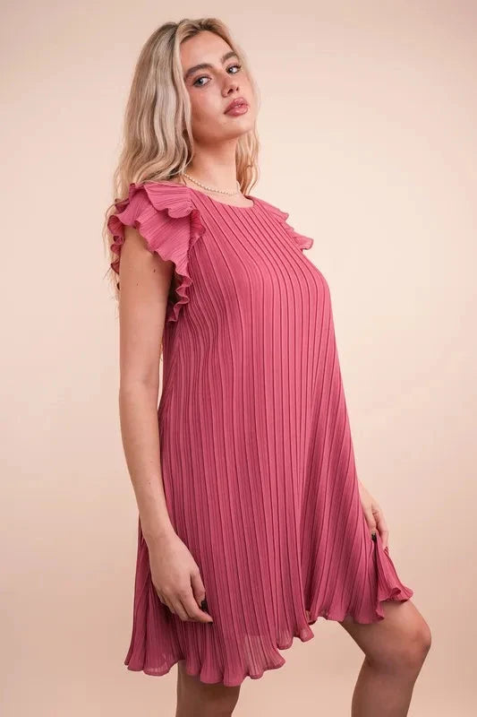 Trendsi Clothing VERY J Plus Size Ruffle Sleeve Pleated Woven Mini Dress