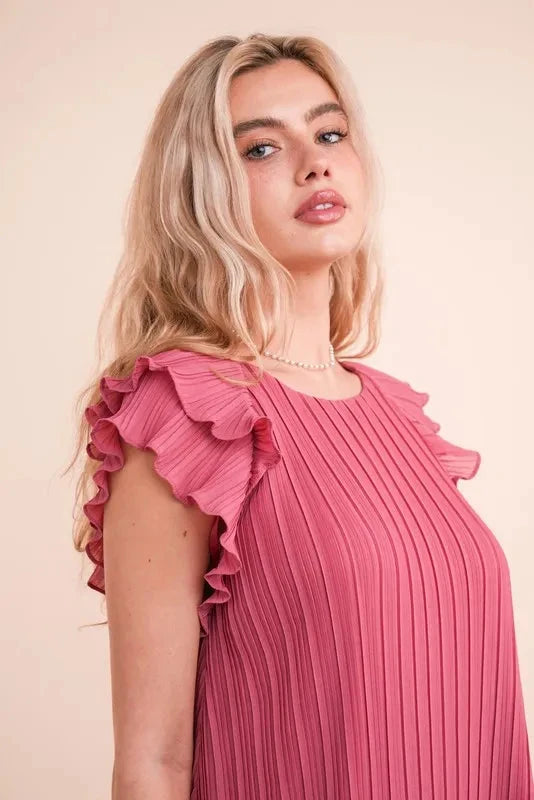 Trendsi Clothing VERY J Plus Size Ruffle Sleeve Pleated Woven Mini Dress