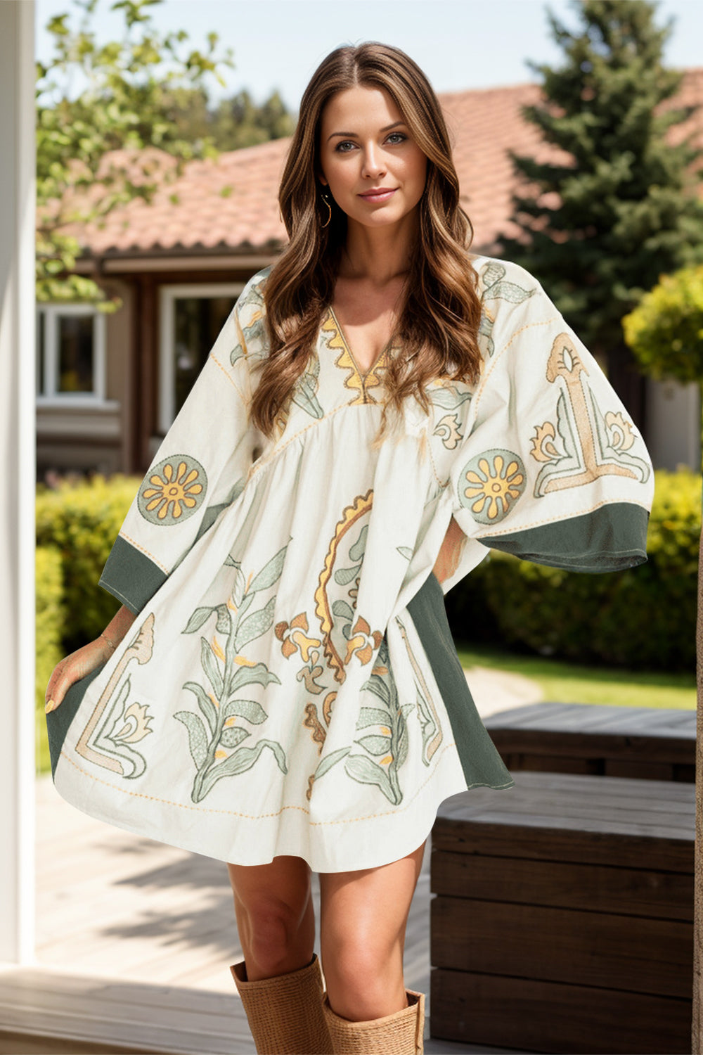 Trendsi Dress Chic Printed Mini Dress – V-Neck with V-Neckline