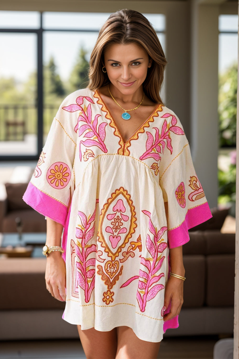 Trendsi Dress Chic Printed Mini Dress – V-Neck with V-Neckline