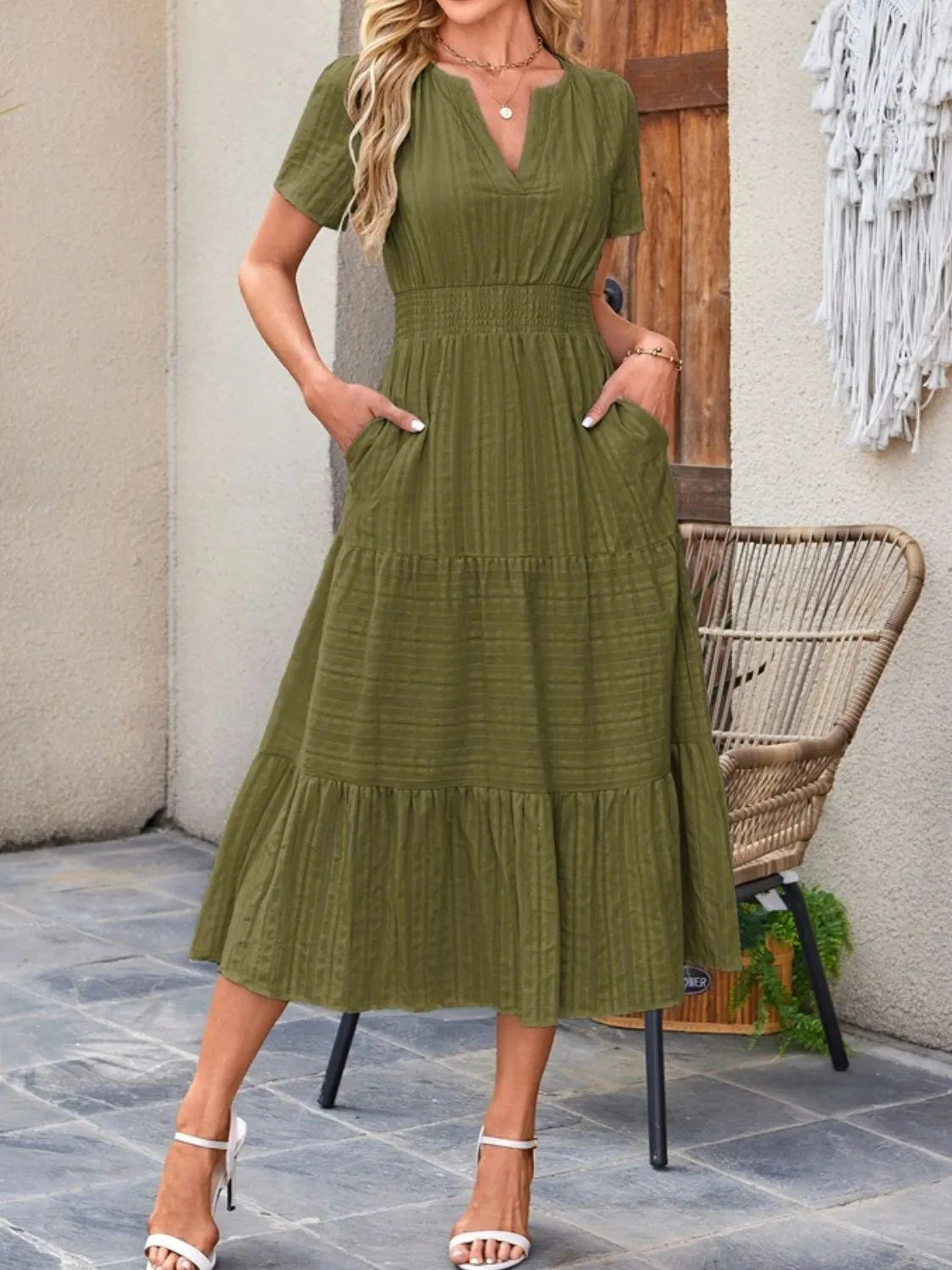 Trendsi Dress Moss / S Tiered Notched Short Sleeve Dress
