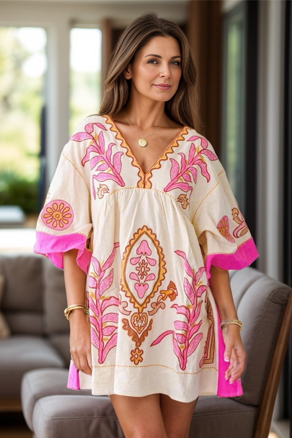 Trendsi Dress Pastel Yellow / S Chic Printed Mini Dress – V-Neck with V-Neckline
