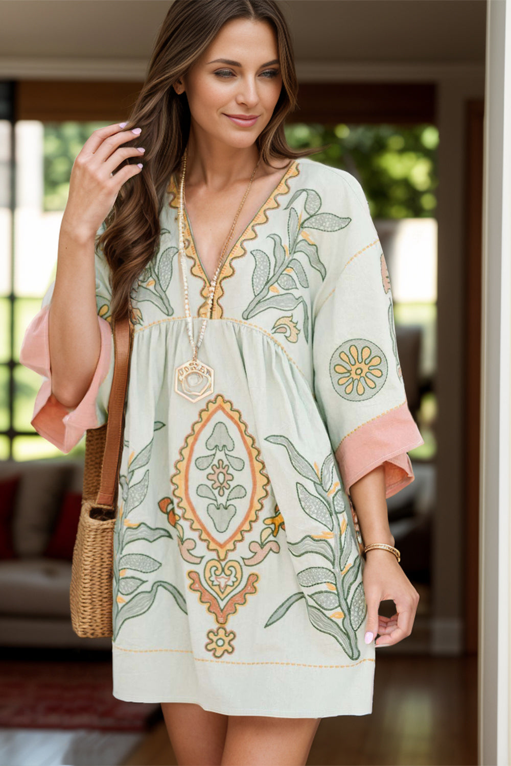 Trendsi Dress Sage / XL Chic Printed Mini Dress – V-Neck with V-Neckline