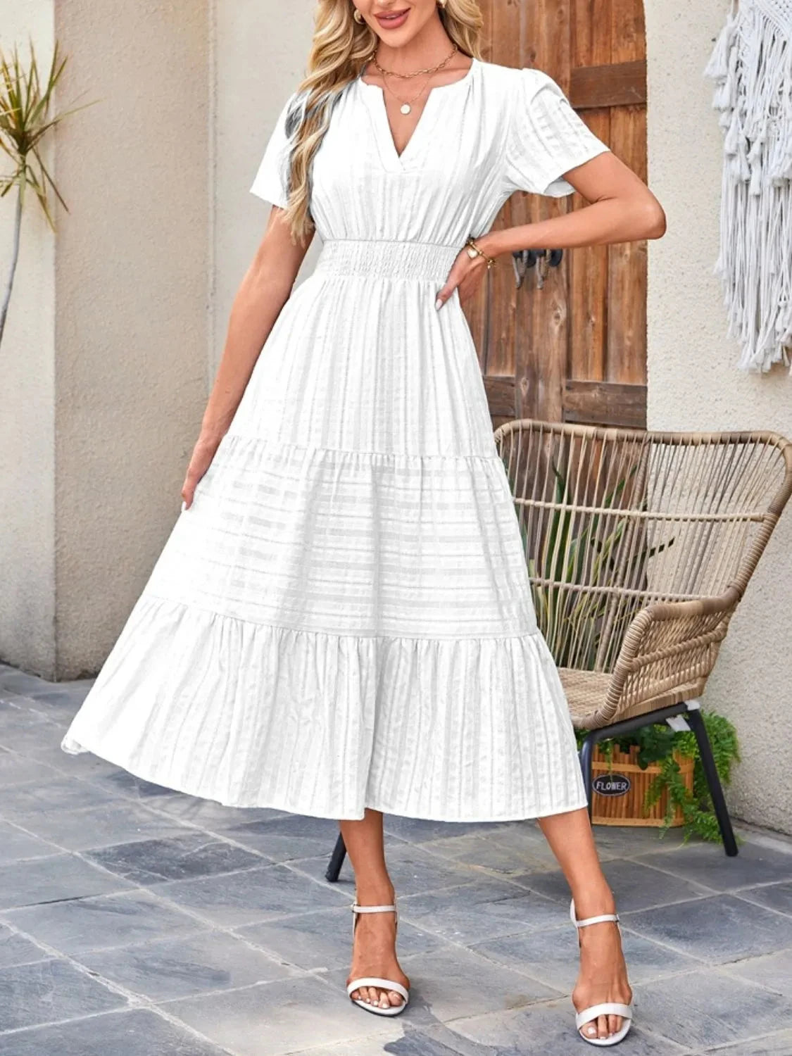 Trendsi Dress Tiered Notched Short Sleeve Dress