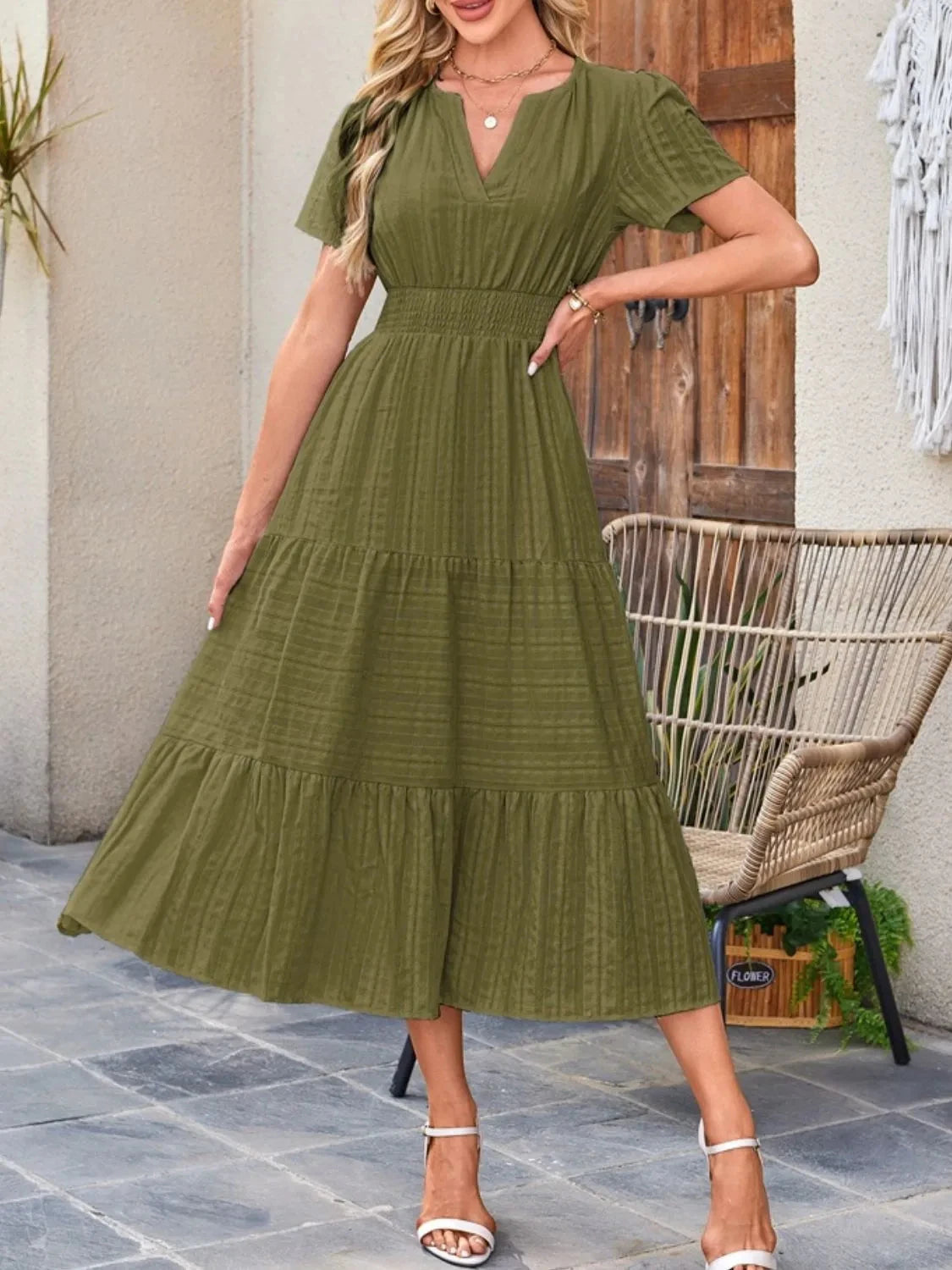 Trendsi Dress Tiered Notched Short Sleeve Dress
