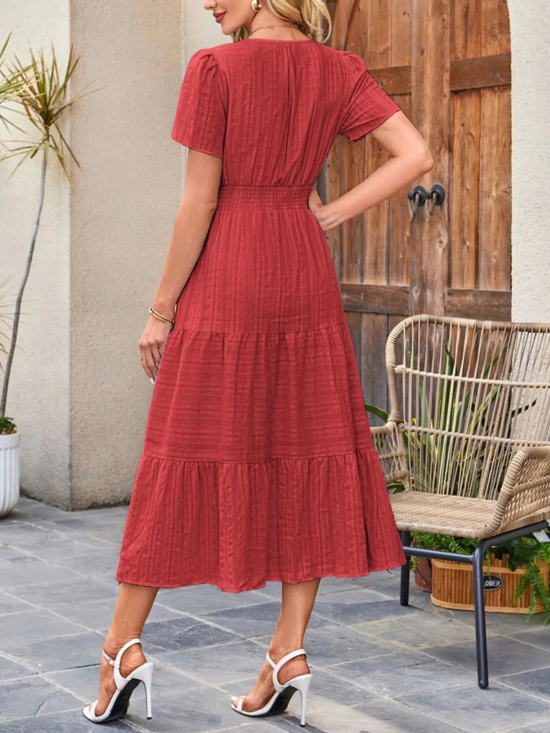 Trendsi Dress Tiered Notched Short Sleeve Dress