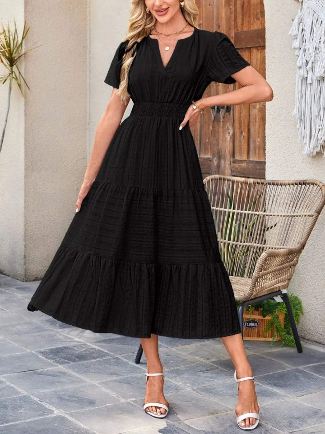 Trendsi Dress Tiered Notched Short Sleeve Dress