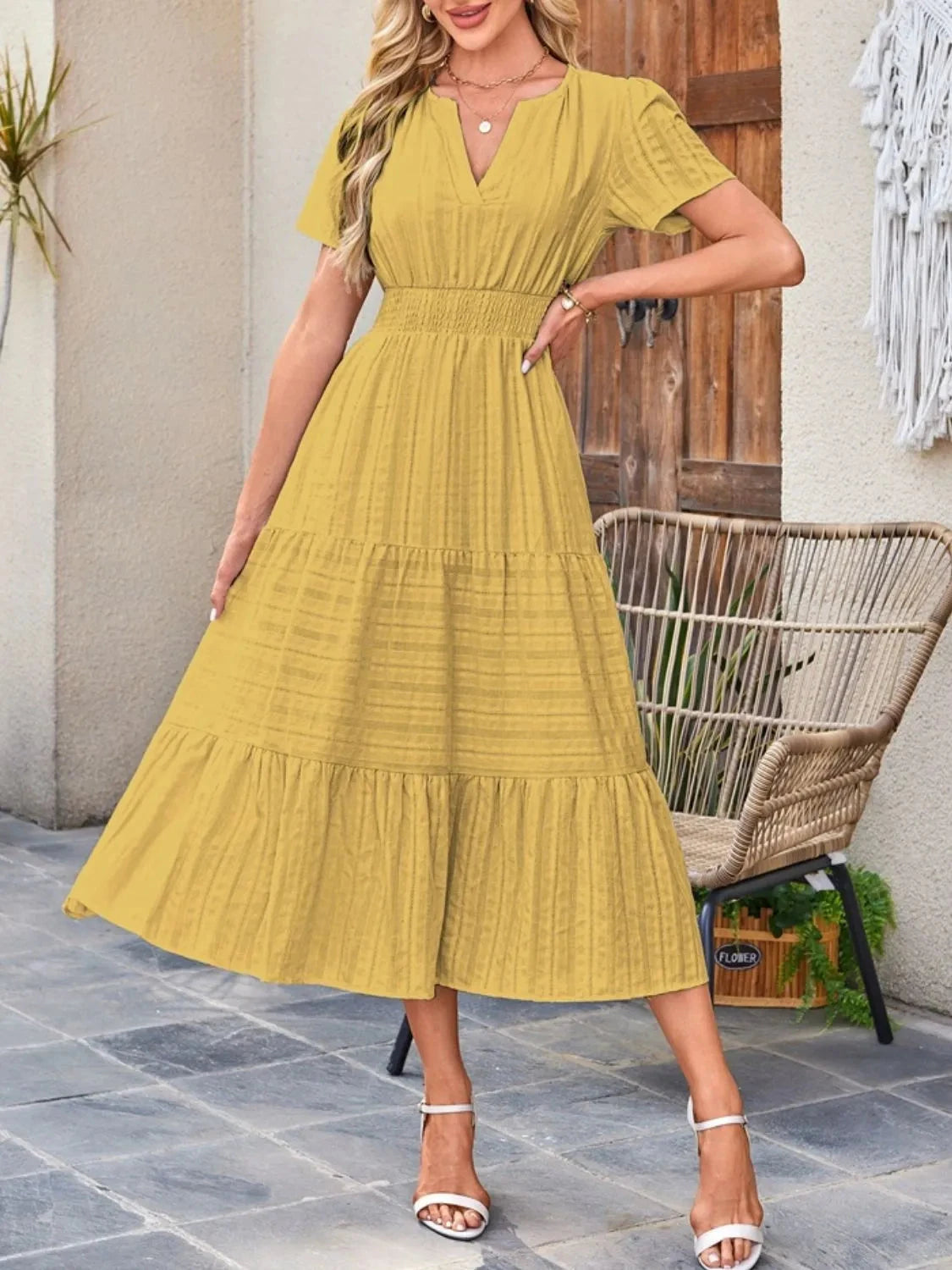 Trendsi Dress Tiered Notched Short Sleeve Dress