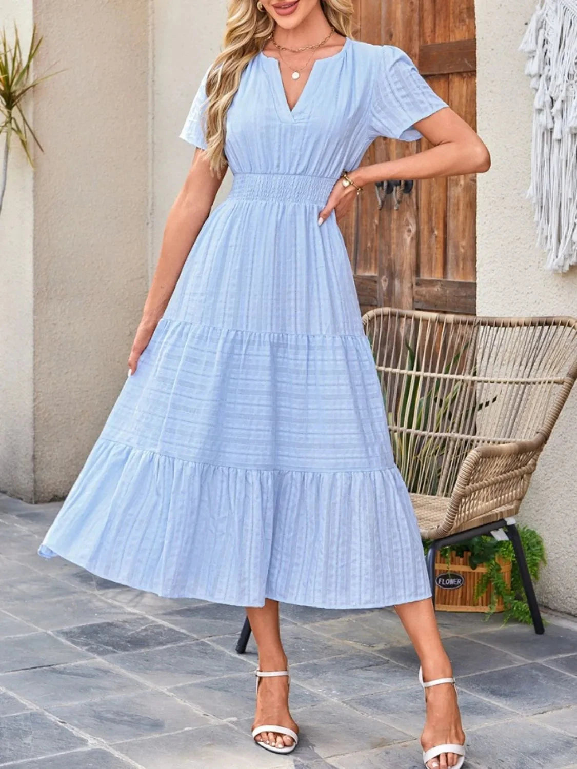 Trendsi Dress Tiered Notched Short Sleeve Dress