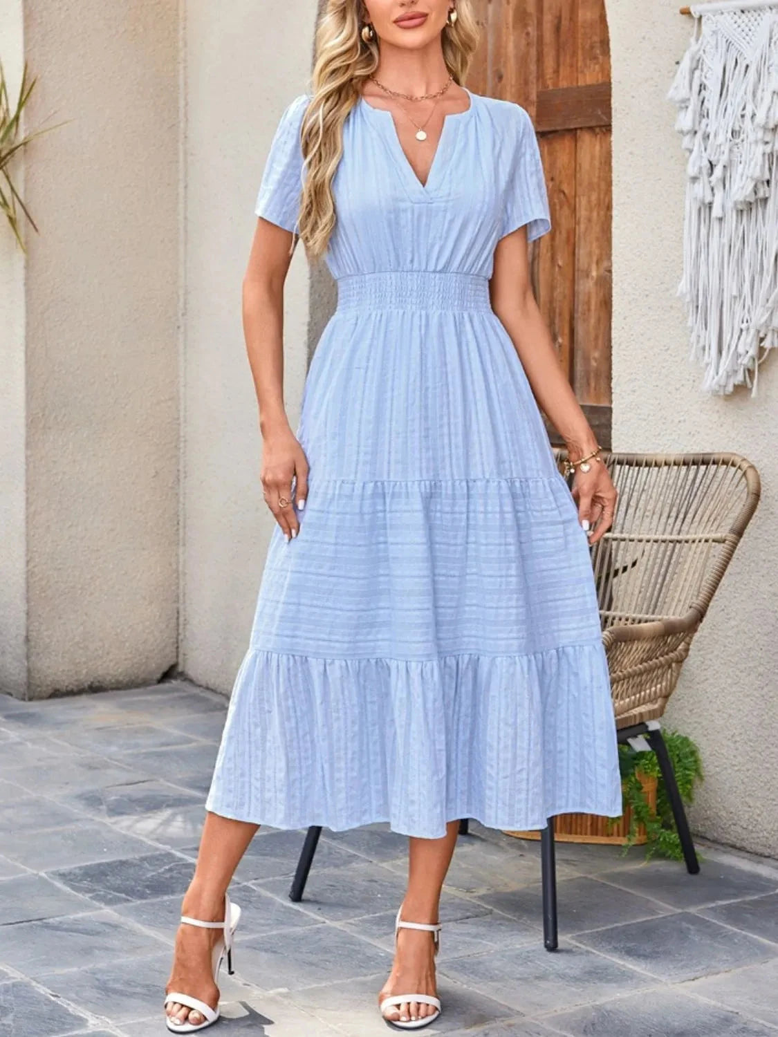 Trendsi Dress Tiered Notched Short Sleeve Dress
