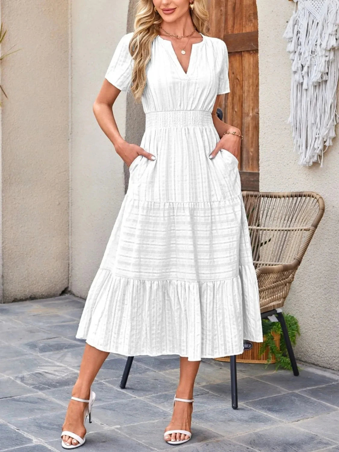 Trendsi Dress White / S Tiered Notched Short Sleeve Dress