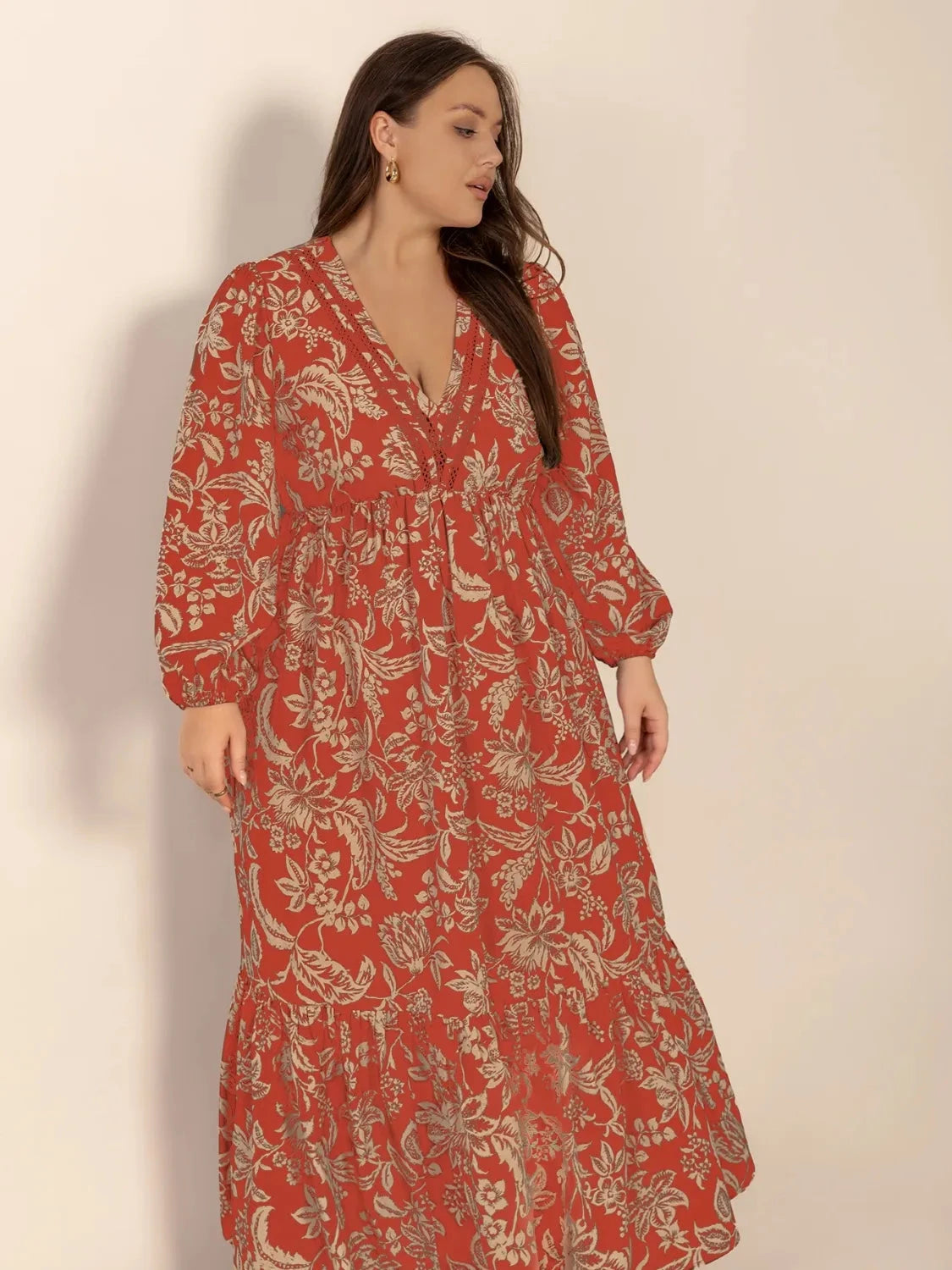Trendsi Plus Size Lace Detail Printed Balloon Sleeve Midi Dress