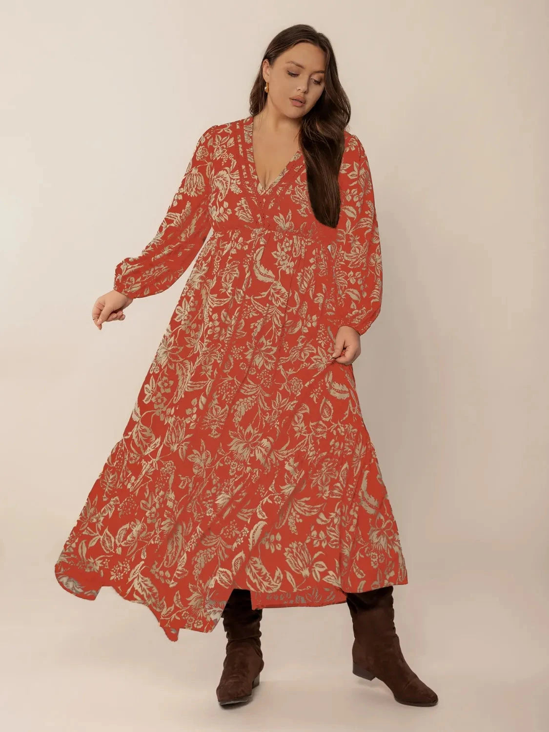 Trendsi Plus Size Lace Detail Printed Balloon Sleeve Midi Dress
