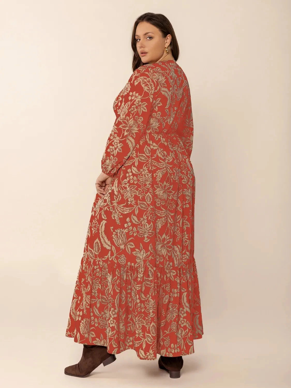 Trendsi Plus Size Lace Detail Printed Balloon Sleeve Midi Dress