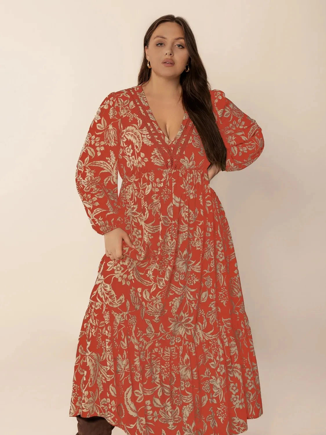 Trendsi Plus Size Lace Detail Printed Balloon Sleeve Midi Dress