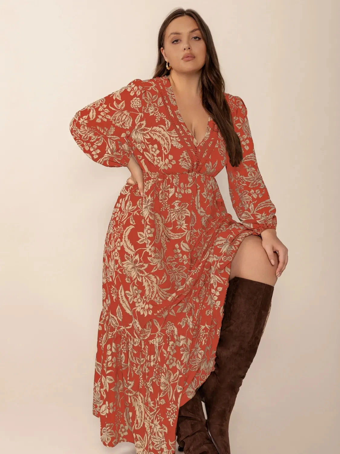 Trendsi Plus Size Lace Detail Printed Balloon Sleeve Midi Dress