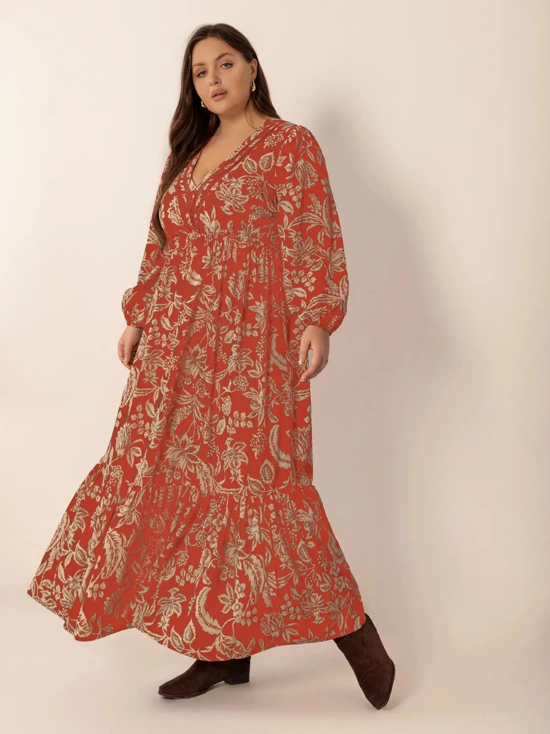 Trendsi Plus Size Lace Detail Printed Balloon Sleeve Midi Dress