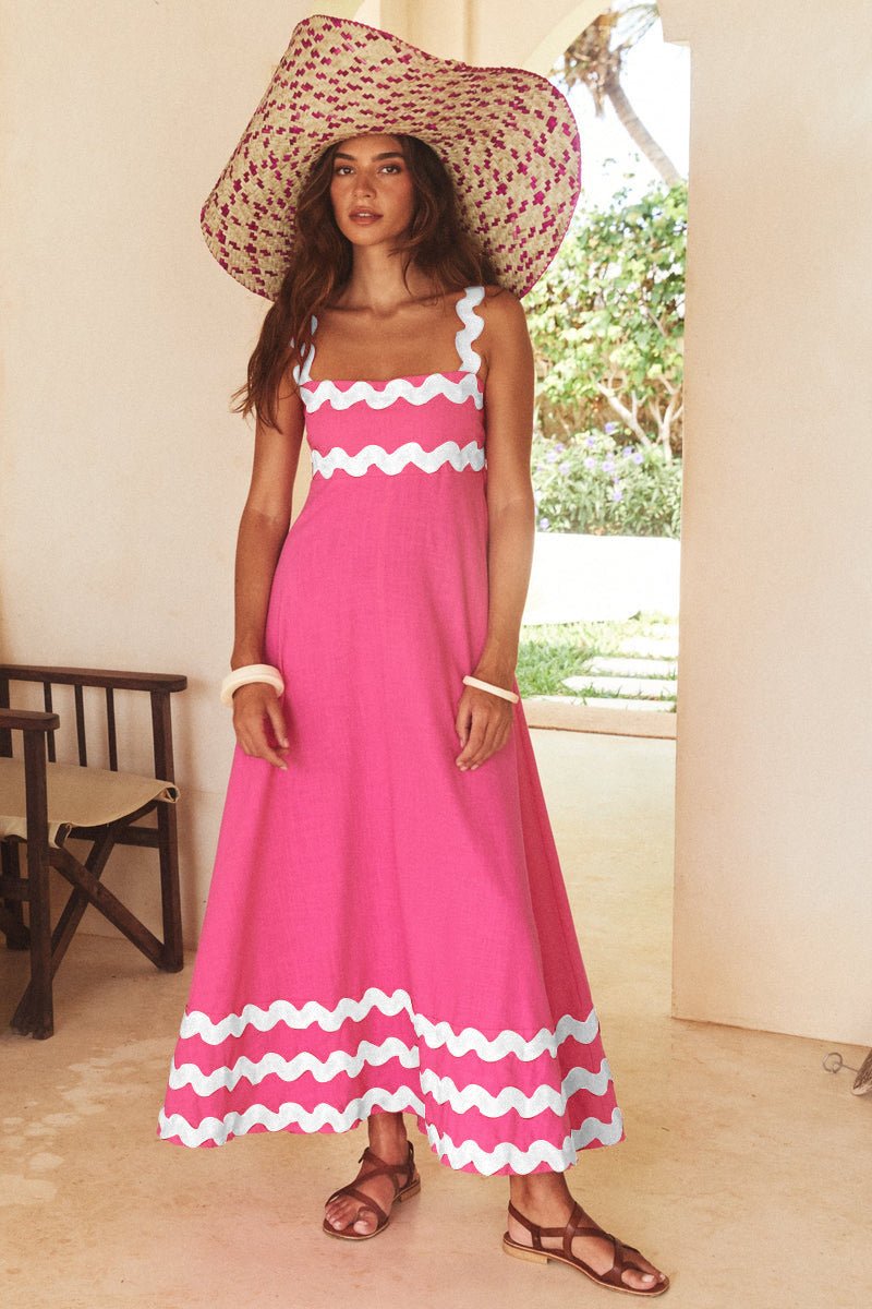 Women’s Floral Print Wavy Pattern Suspender Long Dress LE Fragrance