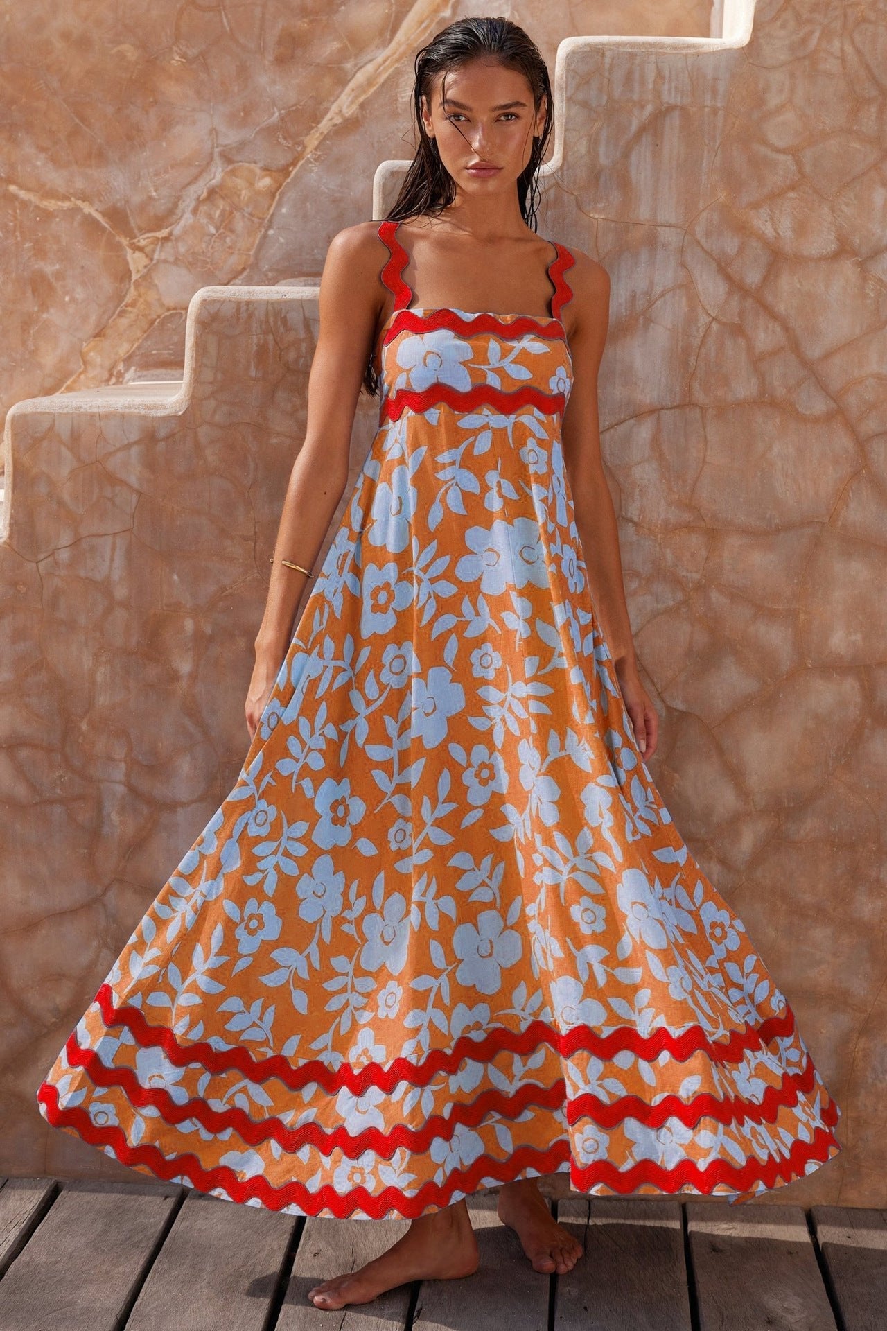 Women’s Floral Print Wavy Pattern Suspender Long Dress LE Fragrance