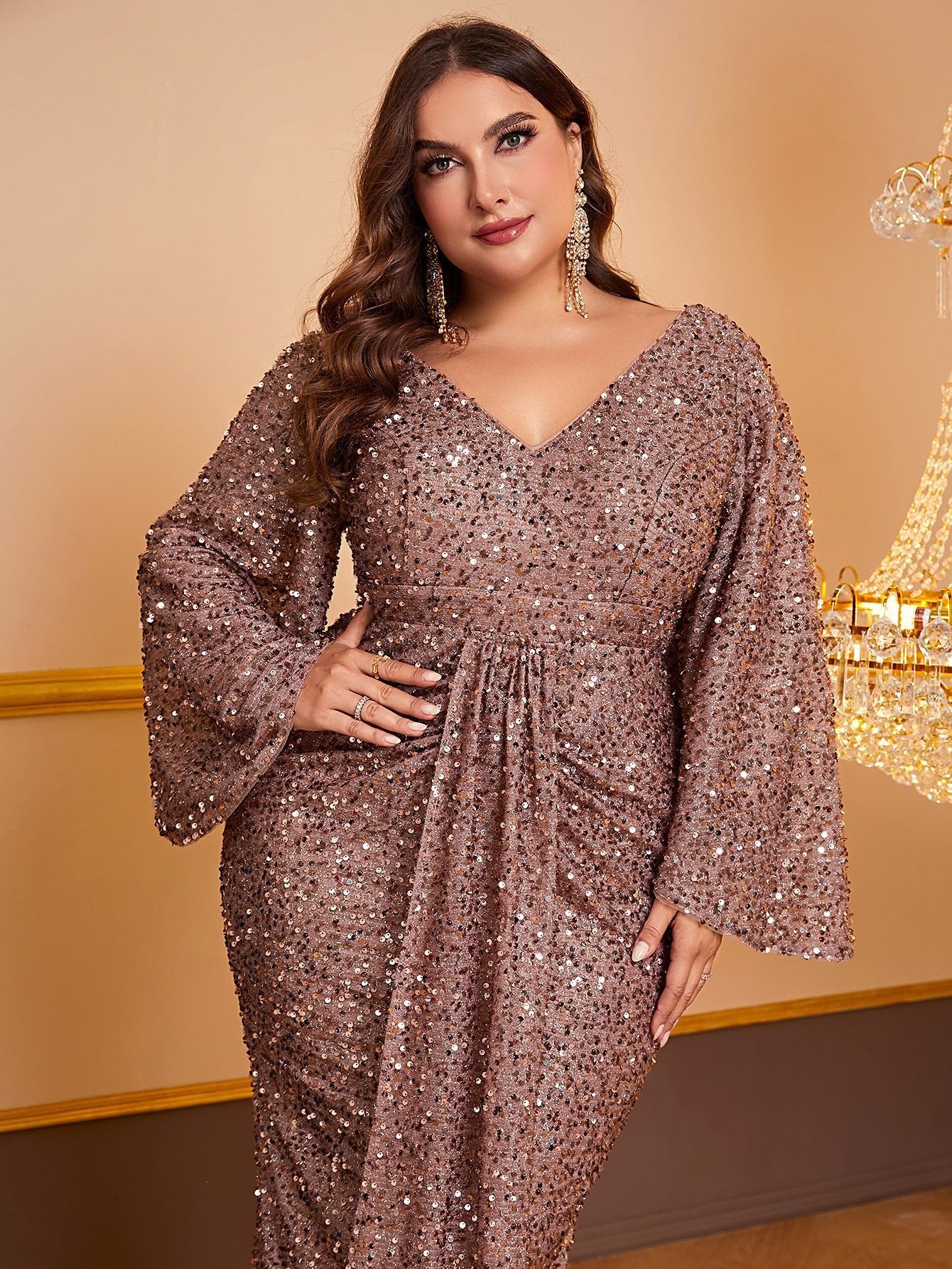 Women’s Sequin Long Sleeve V-Neck Pleated Dress , Elegant Evening Wear for Special Occasions LE Fragrance