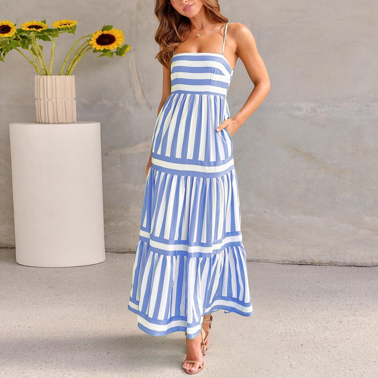 Women's Striped Summer Maxi Dress – Sleeveless Suspender Style with Pockets LE Fragrance